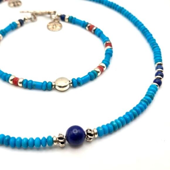Artisan Set Blue‎ Turquoise Lapis Lazuli Red Coral 925 Silver Necklace Bracelet - Picture 1 of 6